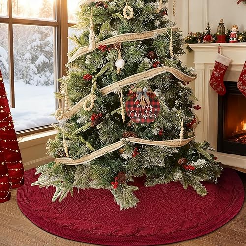 Miniatura 3 de yuboo - Falda de árbol de Navidad de 48 pulgadas, rojo burdeos, falda de árbol de Acción de Gracias y Navidad de punto, falda rústica para árbol de