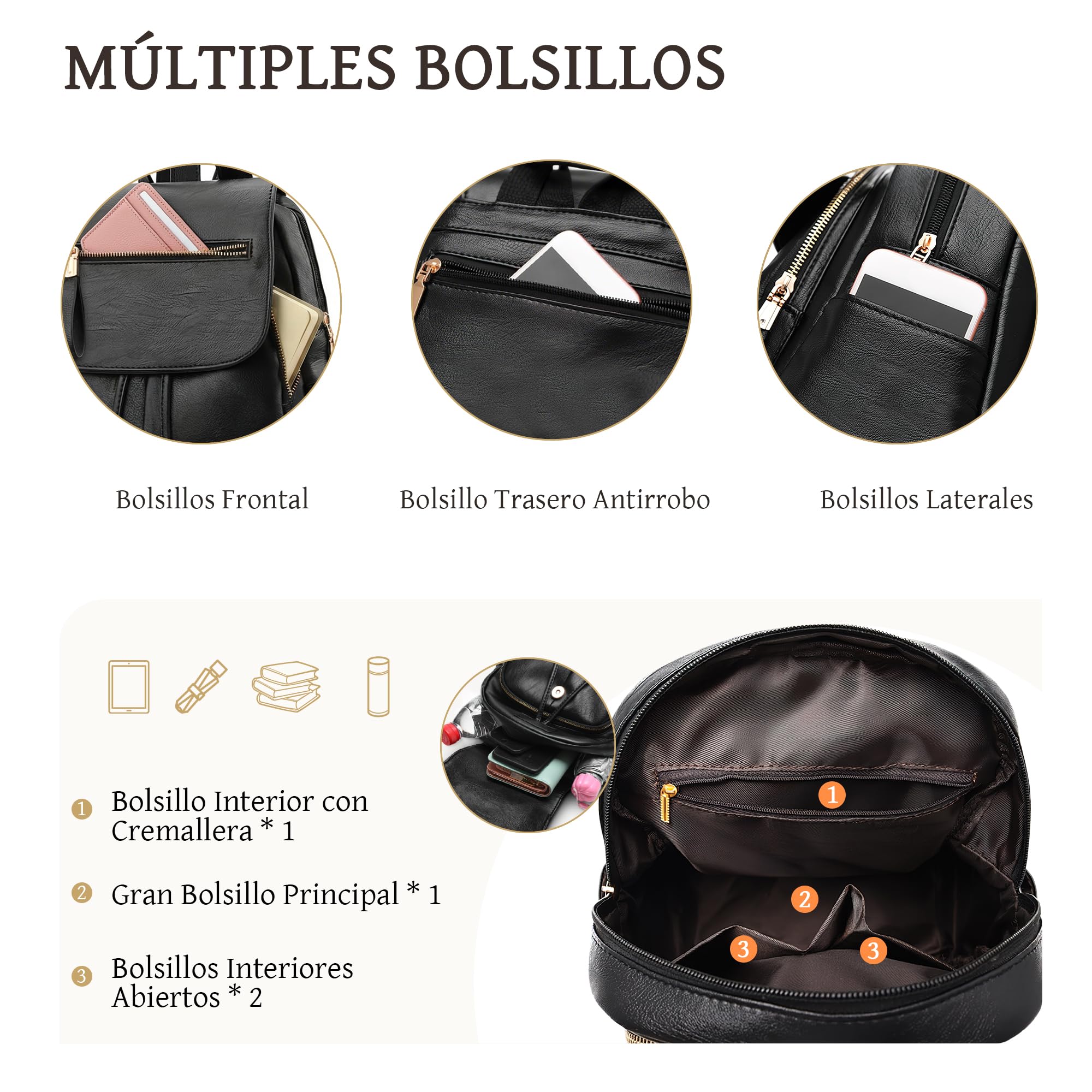 Mochila Mujer Antirrobo Pequeña Bolso Mochila Impermeable Mochila de Piel PU Casual Elegante Mochila con Múltiples Bolsillos Moda para Viaje Trabajo Universidad Negro