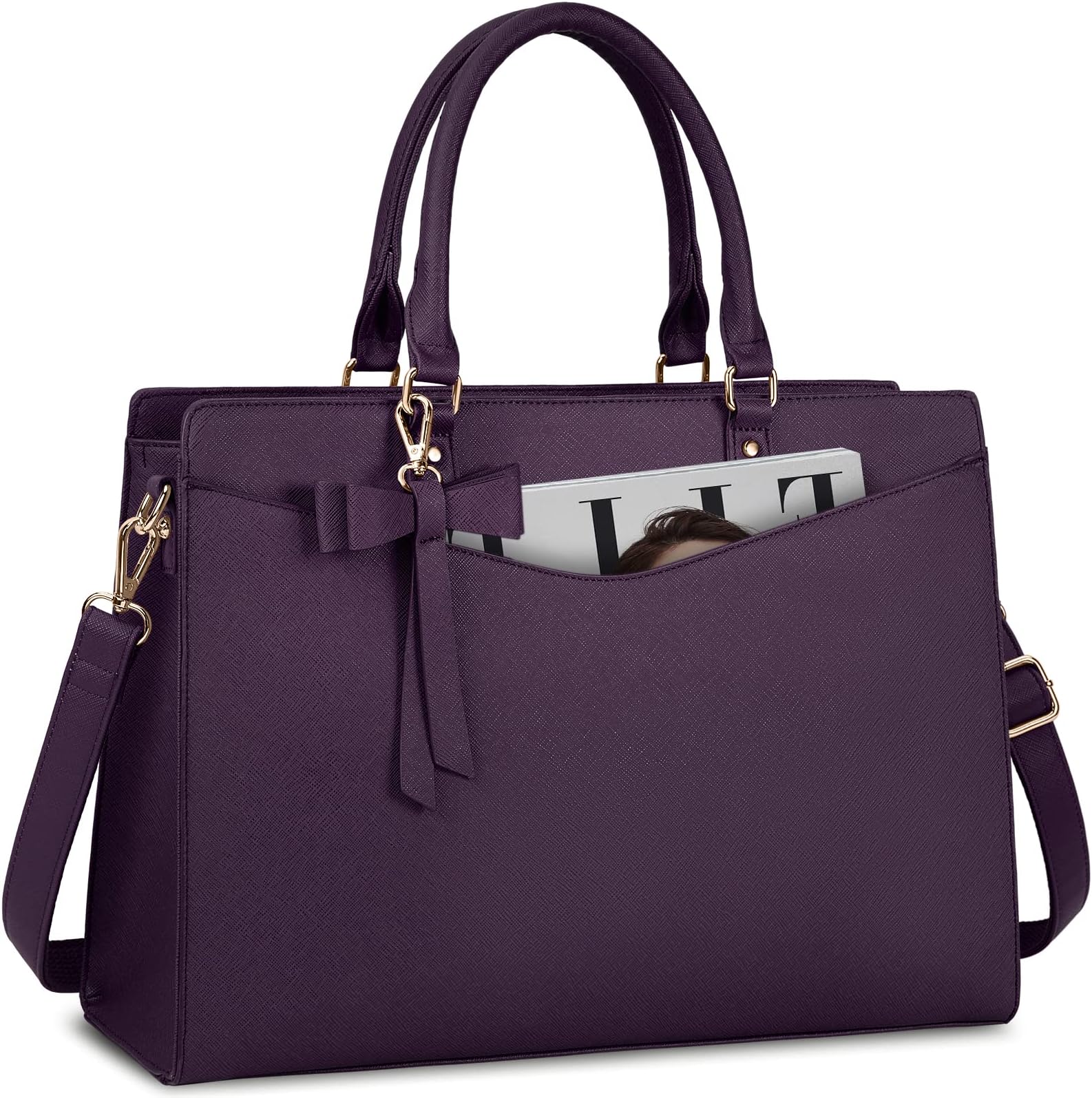 RAINSMORE Laptop Bag for Women 15.6 Inch PU Tote Bag Business Work Bag Waterproof Briefcase Computer Tote Lightweight Handbag Shoulder, Dark Purple