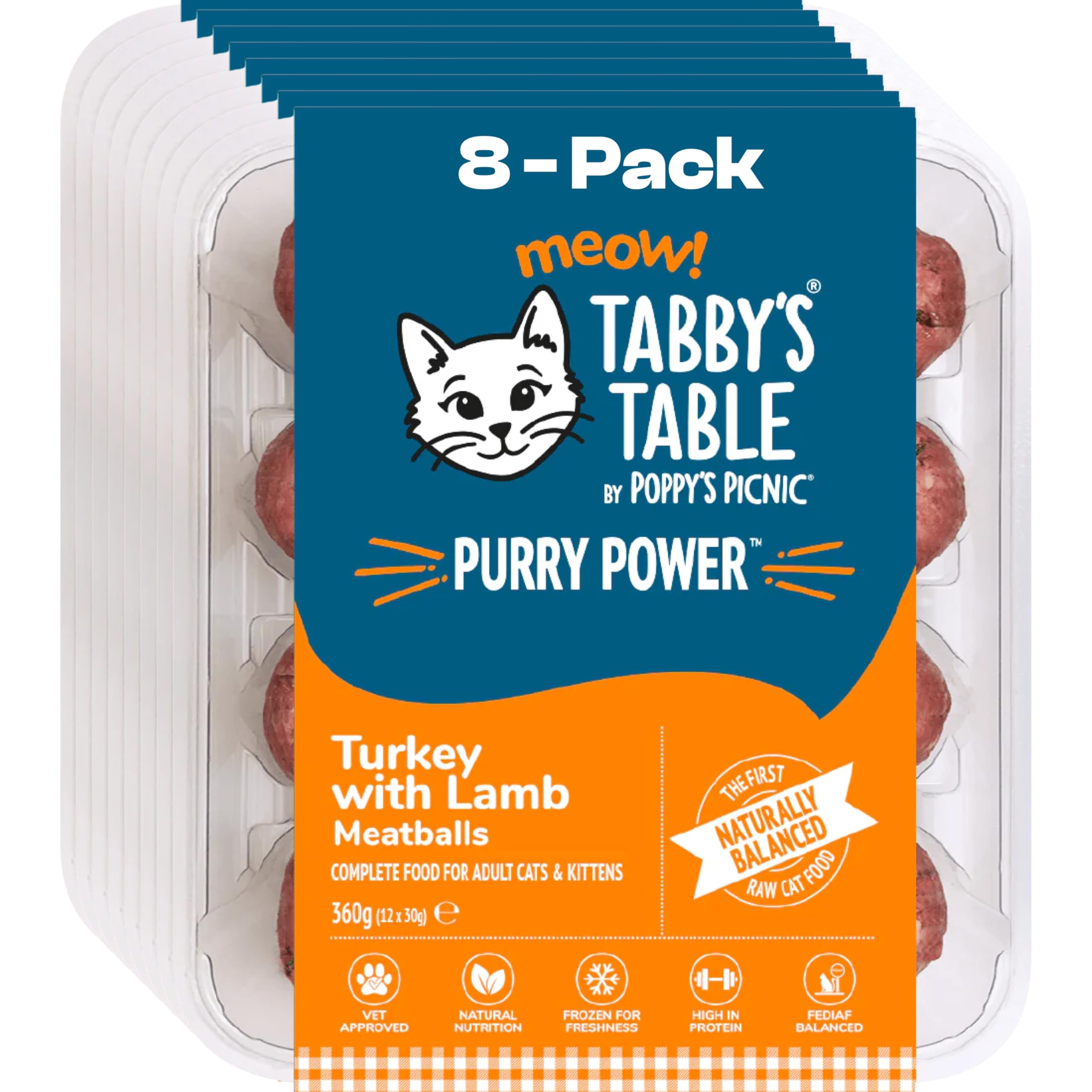 Tabby’s Table - PURRY POWER Turkey with Lamb – 8 Pack Cat Food Frozen – High Protein Filler Free – Fresh Cat Food – Complete Raw - for Kittens, Adults & Seniors – 8 x 360g (12 x 30g)