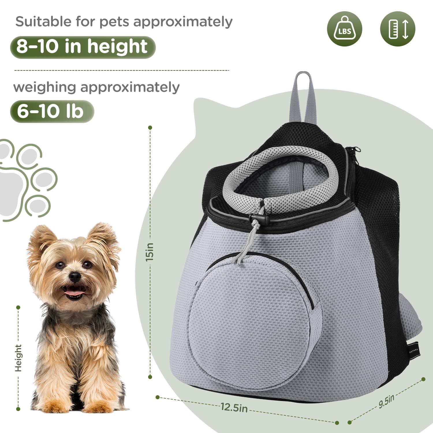 BONTHEE Hundetrage-Rucksack für kleine Hunde & Welpen – atmungsaktiver Frontrucksack mit PE-Boden und Aufbewahrungstasche, für Outdoor, Wandern & Reisen, bis 4.5kg