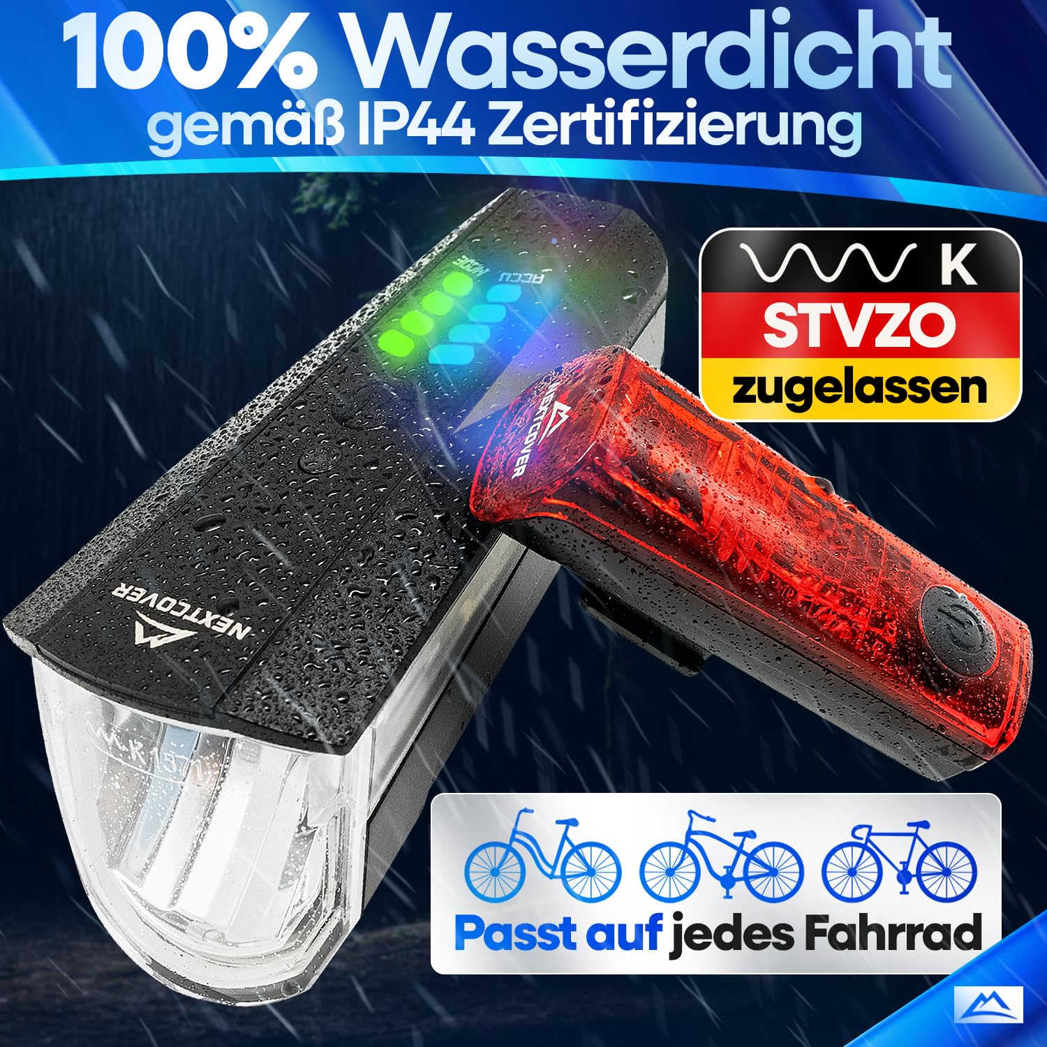 NEXTCOVER® Set di luci per bicicletta con sensore [LightSensse] e durata della batteria 11 ore, ricaricabile tramite USB e impermeabile, approvato StVZO, luce anteriore a LED per bicicletta e fanale