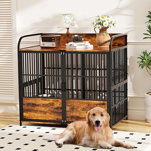 Miniatura 7 de Mueble XL para perros, perrera grande para interiores con 2 cuencos ajustables, jaula resistente para perros grandes de 48 pulgadas, jaula de madera