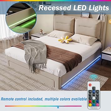 4ft6 Upholstered Double Bed Frame 135x190 cm with LED Light Strips and Headboard, 2-in-1 Hydraulic Ottoman Bed Double with Storage Drawers, Slatted Frame, Velvet, Beige, No Mattress