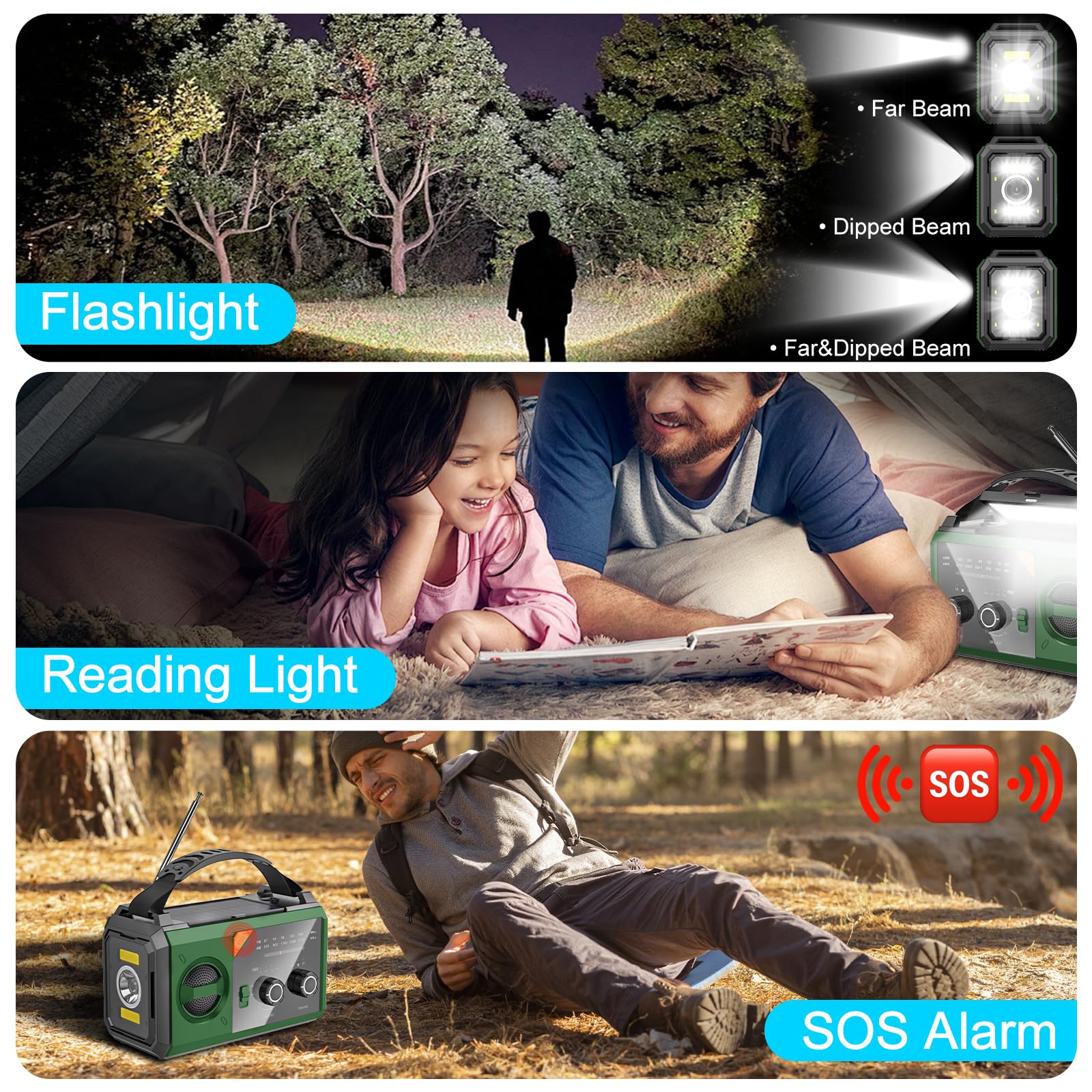 Wholede 27000mAh Kurbelradio mit Bluetooth, Solar Radio mit Handyladefunktion, AM/FM Tragbar Notfallradio, Als Taschenlampe&Ladegerät&Blackout Notfallausrüstung für Outdoor Camping Baustellet-Grün