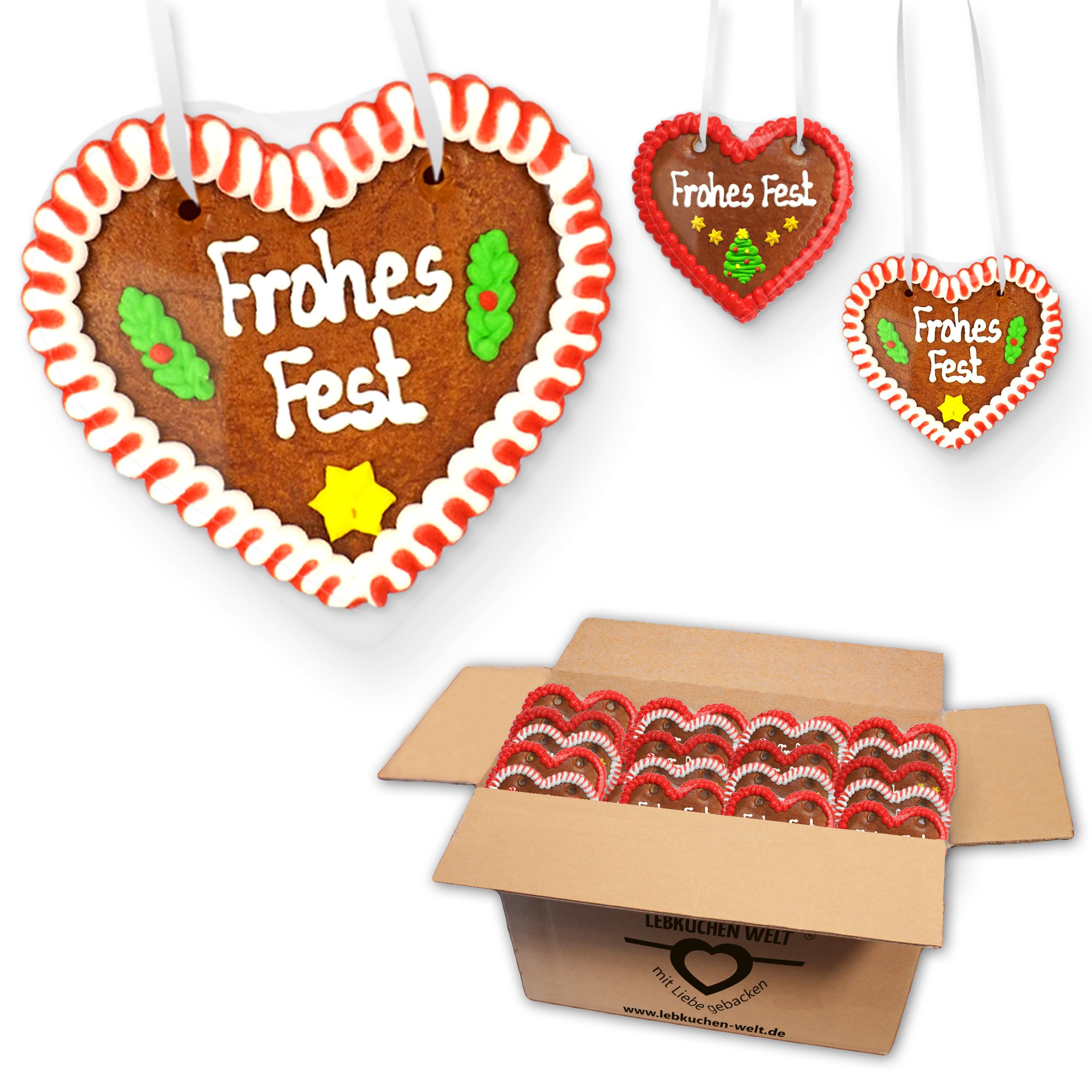 20x Lebkuchenherzen Mischkarton "Frohes Fest" mit gemischten Designs 12 cm | LEBKUCHEN WELT Original Oktoberfestlebkuchenherzen & Weihnachts Lebkuchen Herzen frisch und saftig – Give-aways, Volksfest