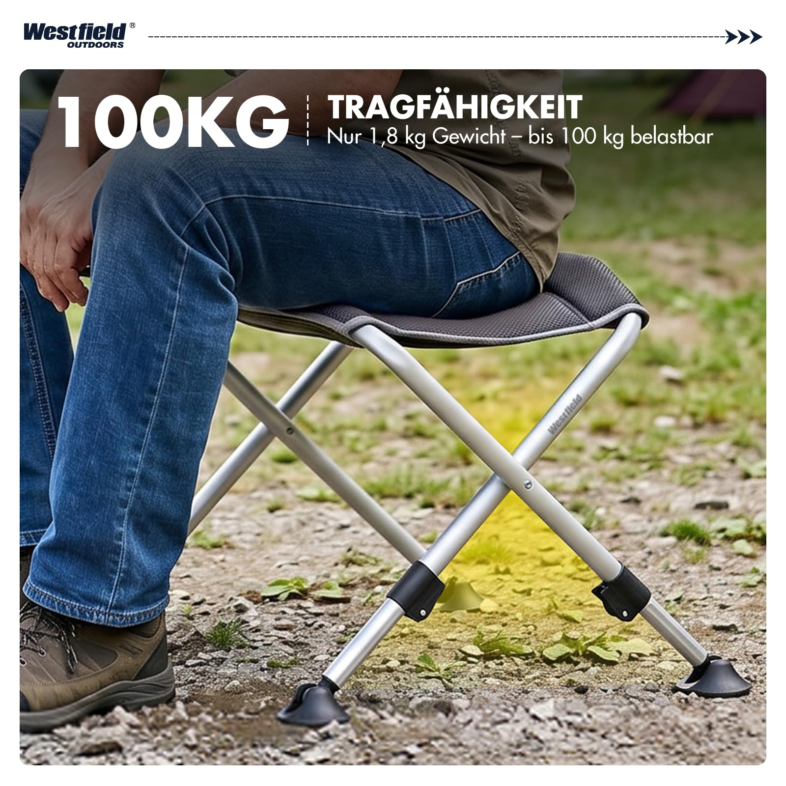 Westfield Outdoors Focus Camping Fußhocker faltbar, höhenverstellbar 35-45cm, 1,8 kg leicht tragbar, UV-beständig, komfortabel für Camping, Garten und Strand, bis 100kg belastbar