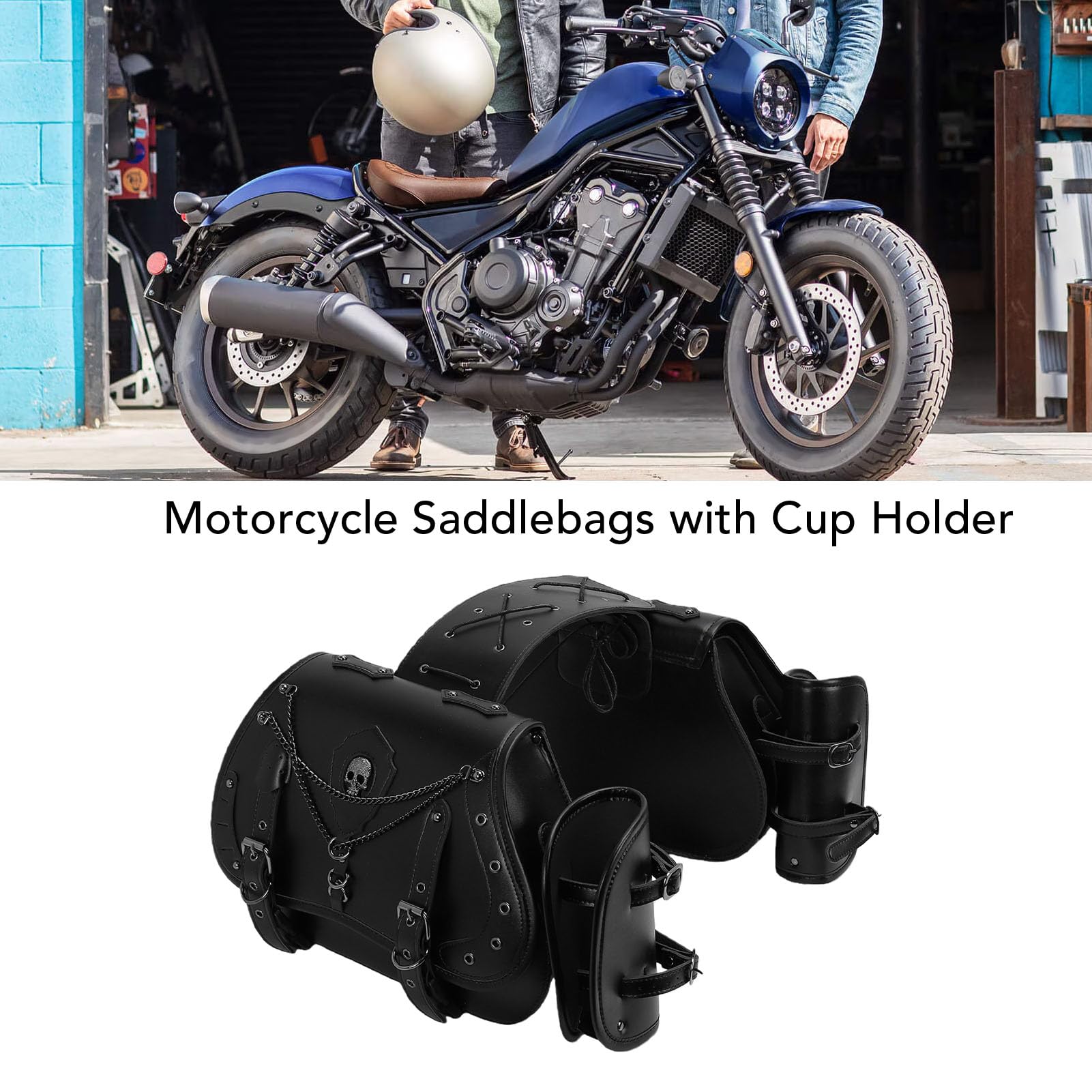 Aramox Alforjas para Motocicleta con Portavasos, Bolsa Lateral de 30 L de Cuero PU Impermeable con Correa de Liberación Rápida para Touring Cruiser