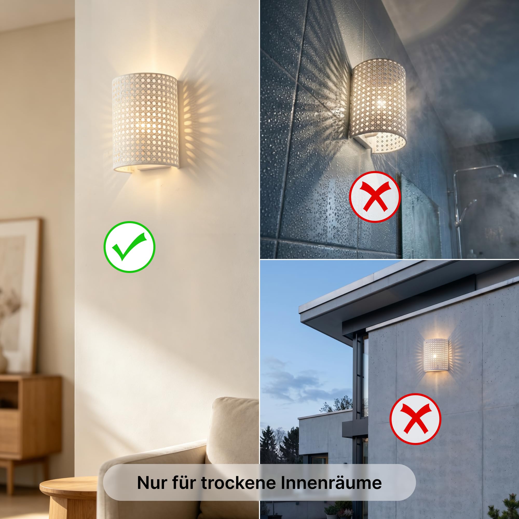 Wandleuchte Innen Vintage Weiß–Rattan Optik mit Wabenmuster | 2er Set Handgewebte Wandlampe, E27 Wandleuchten für Wohnzimmer Flur Schlafzimmer,20x16,5x12cm–Up&Down Licht–ohne Leuchtmittel