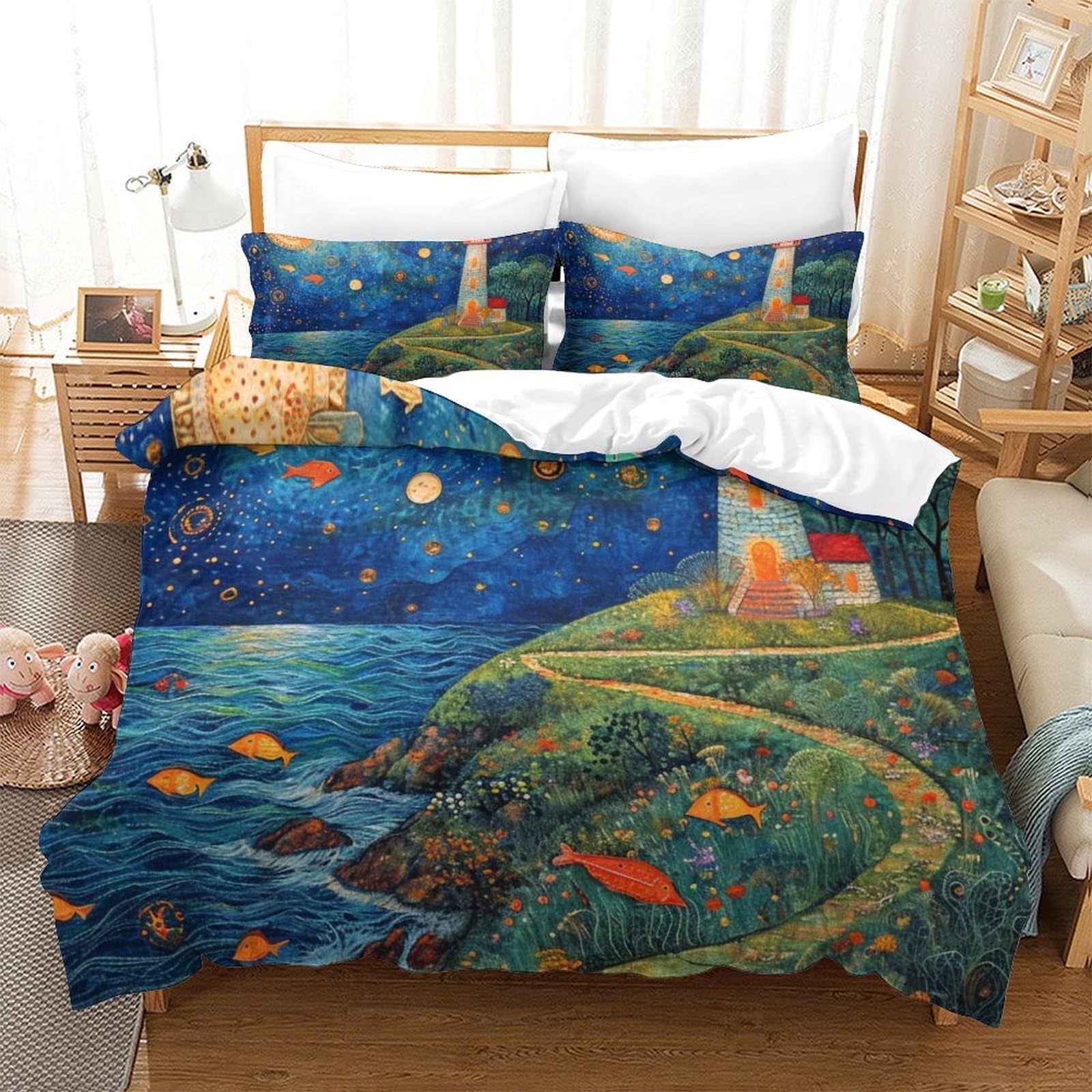 Housse de couette phare 3D Super King avec taies d'oreiller en microfibre 260x220 cm