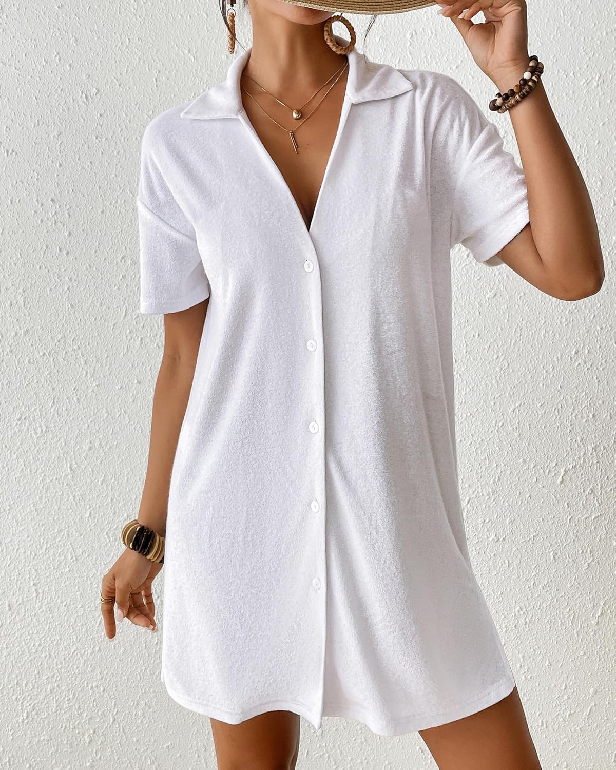 Bsubseach Terry Cloth Swim Cover Up 2026 Button Down Women Swimsuit Coverup Short Sleeve Blouse Beach Shirt Vacation Wear - Image 4