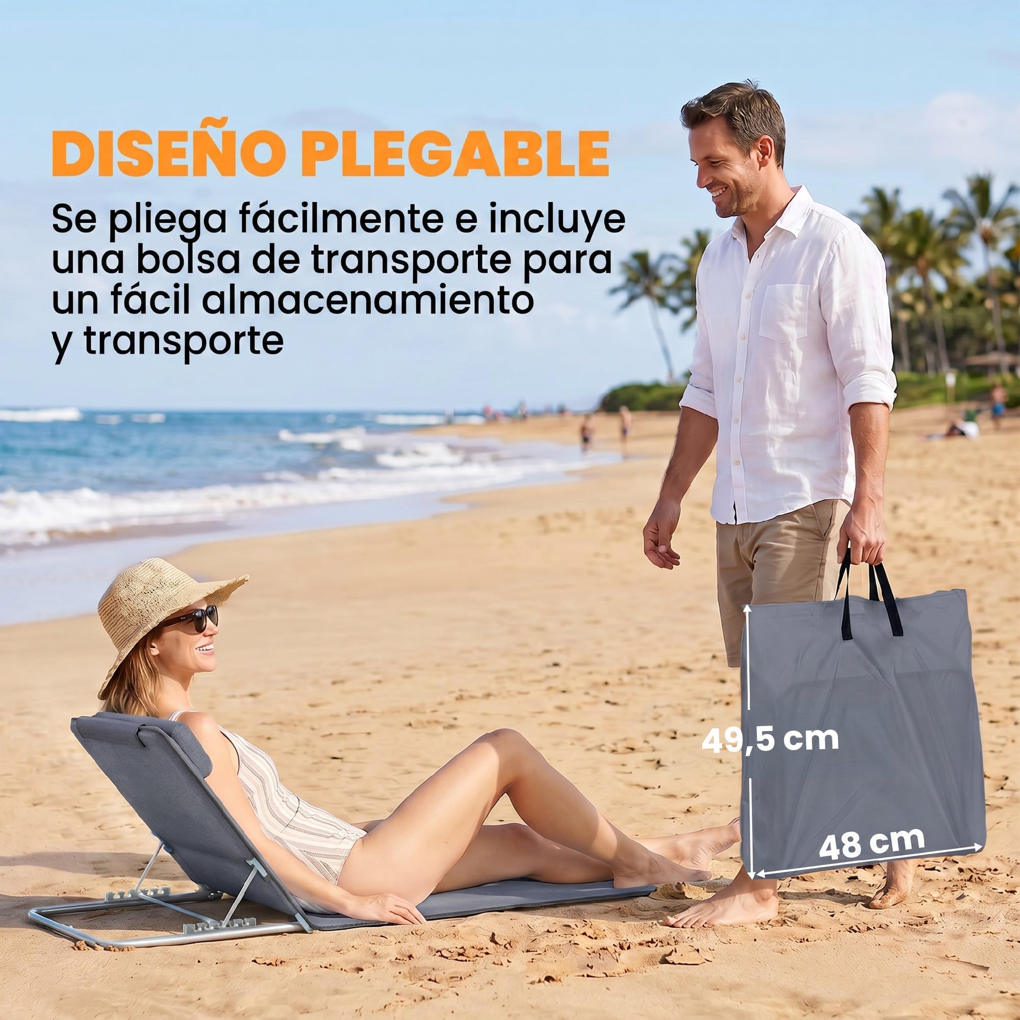 Outsunny Conjunto de 2 Esterillas de Playa Plegables, Esterillas con Respaldo Reclinable en 5 Niveles, Reposacabezas y Bolsa de Transporte, 134x48x33-43 cm, Gris