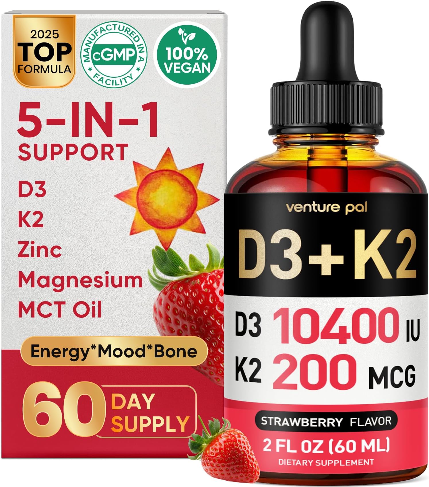 Venture Pal 5-in-1 Vitamin D3 10000 IU & K2 as MK-7 200mcg with Magnesium, MCT Oil, Zinc, Sugar-Free Vitamin D Liquid |Maximum Absorption for Bone, Mood & Immune Health - 2 FL OZ, 67 Days