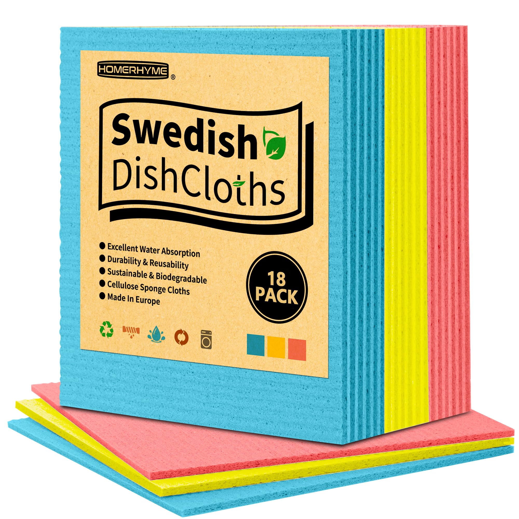 HOMERHYME Swedish Dishcloths 18 Pack Kitchen Towels Dish Rags Absorbent Swedish Dish Towels for Kitchen Non-Scratch Cellulose Cleaning