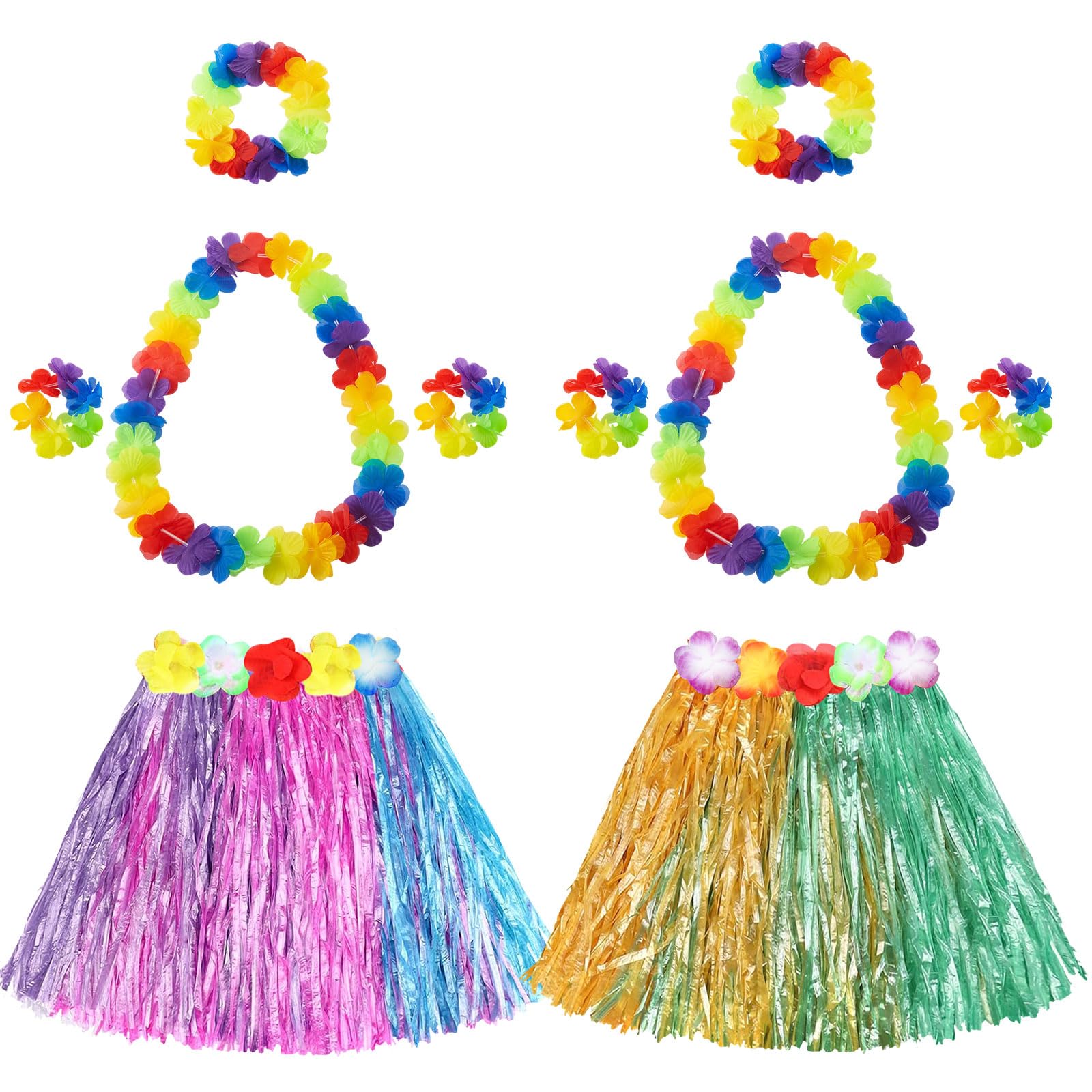 2 Sets Hawaiian Luau Hula Grass Skirt Girls Hawaii Party Hula Dancer Grass Skirt Headbands Set Beach Tropical Outfits(Mixed Pink, Mixed Brown)