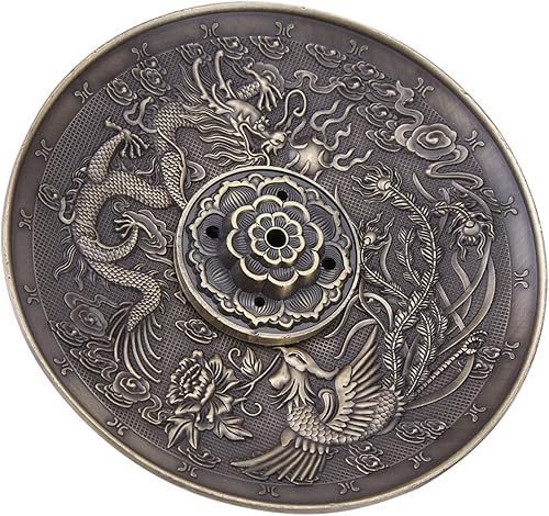 Miniatura 7 de Soporte para palo de incienso, placa de incensario, aleación de zinc, patrón de dragón, incienso para dormitorio, templo, oficina, hotel (cobre)