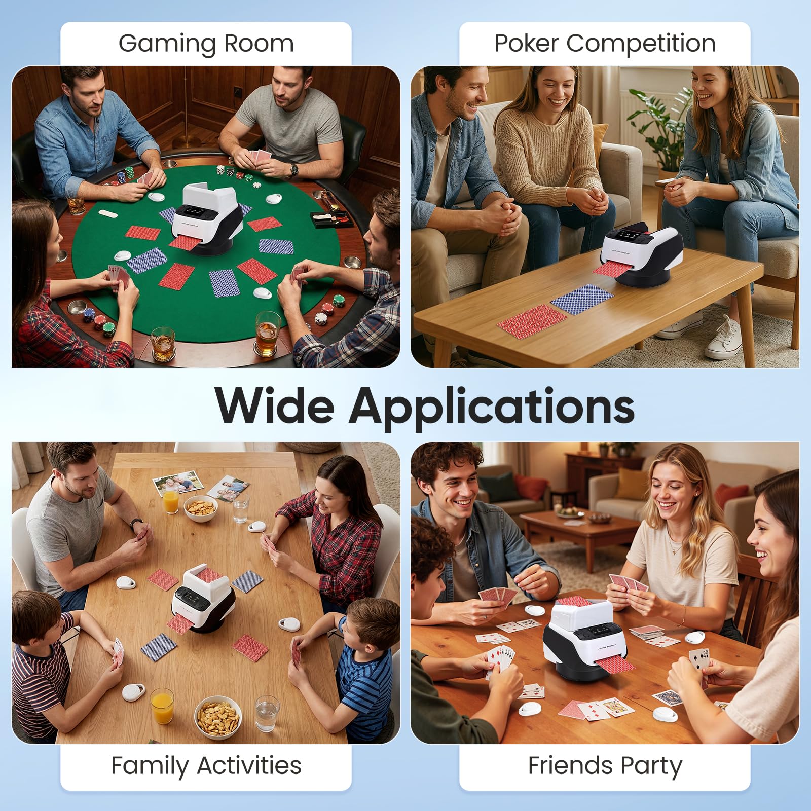 Repartidor Automático de Cartas con 4 Mandos a Distancia, Repartidor de Carta Giro 360° para 1–8 Jugadores, 1–4 Barajas, Recargable y Silencioso para Poker, Blackjack, Texas Holdem, UNO