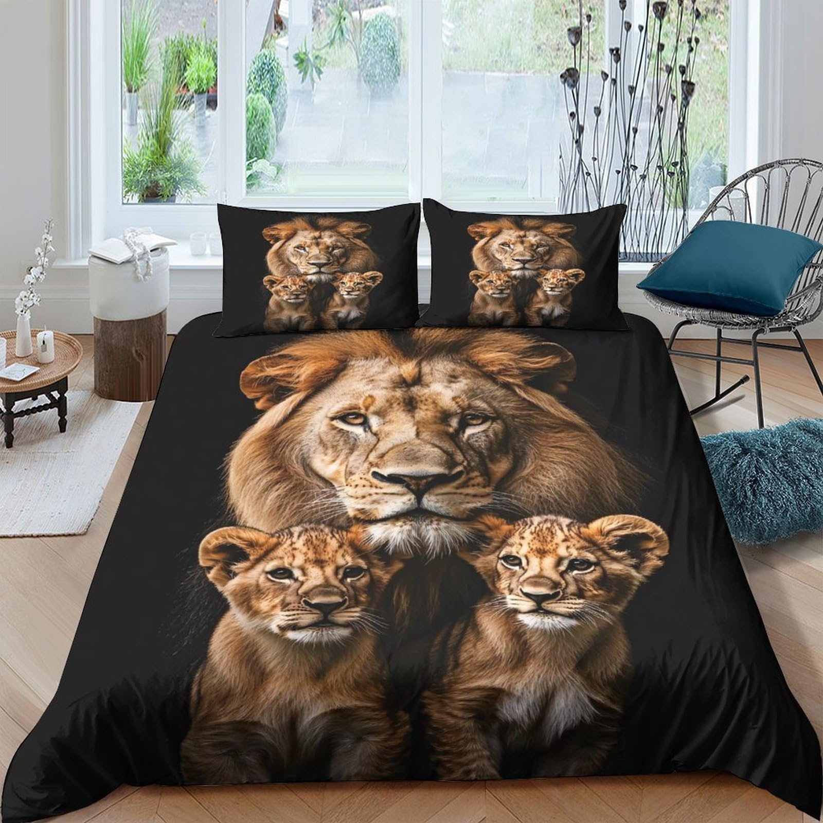 3D Printed Lion Family Duvet Cover Set Microfiber Soft Breathable Matching Pillowcases for Bedroom Home Decor Single（135x200cm）