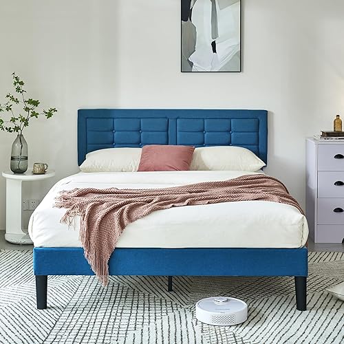 VECELO Base de cama de tamaño matrimonial con cabecera ajustable, base de cama tapizada con botones y soporte de listones de madera, no necesita