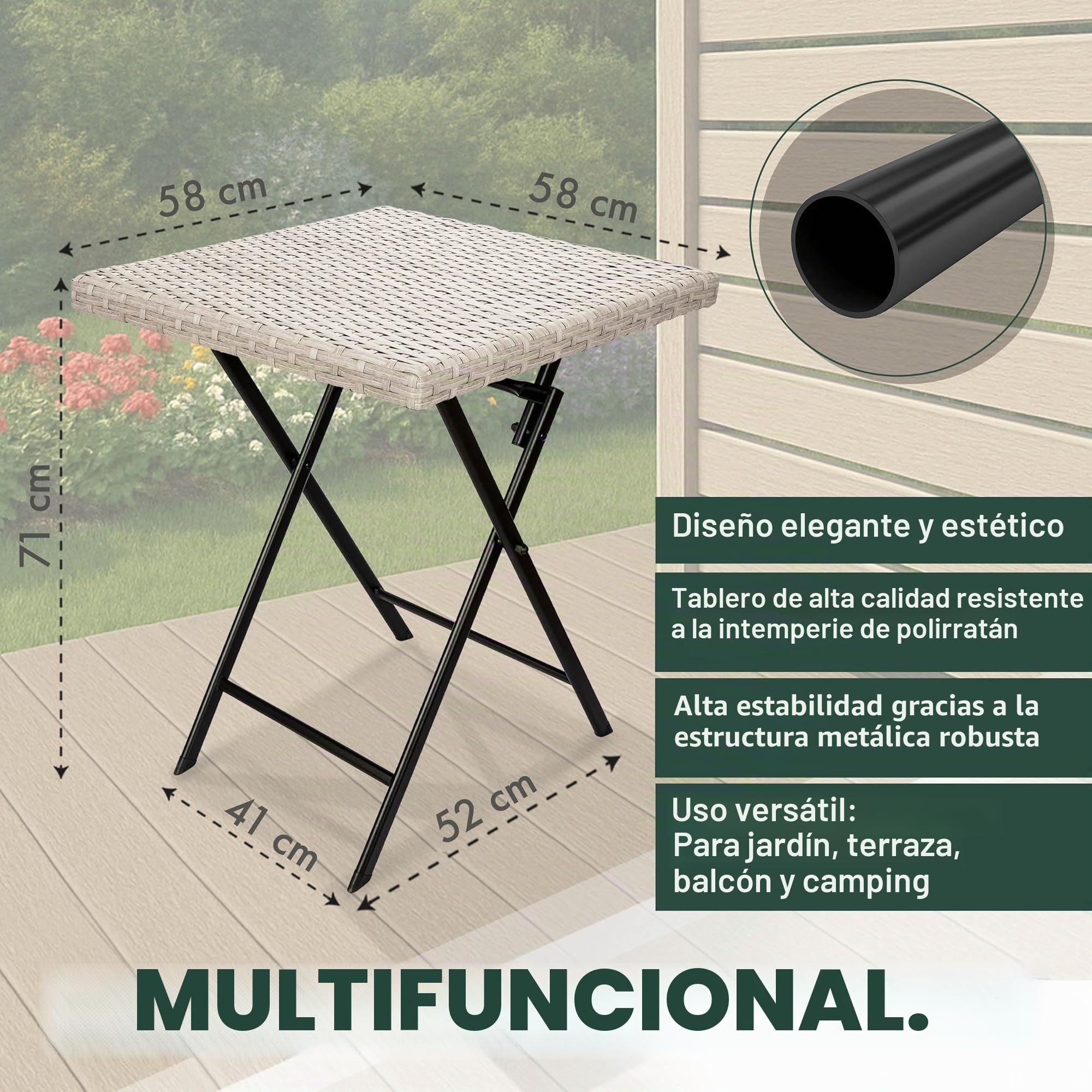 BRUBAKER Mesa de Jardín Lugano - Mesa de Balcón 58 x 58 cm Impermeable - Mesa Auxiliar Plegable de Poliratán y Metal - Mesa de Camping Cuadrada para Balcón, Terraza - Mesa Bistro - Gris Beige