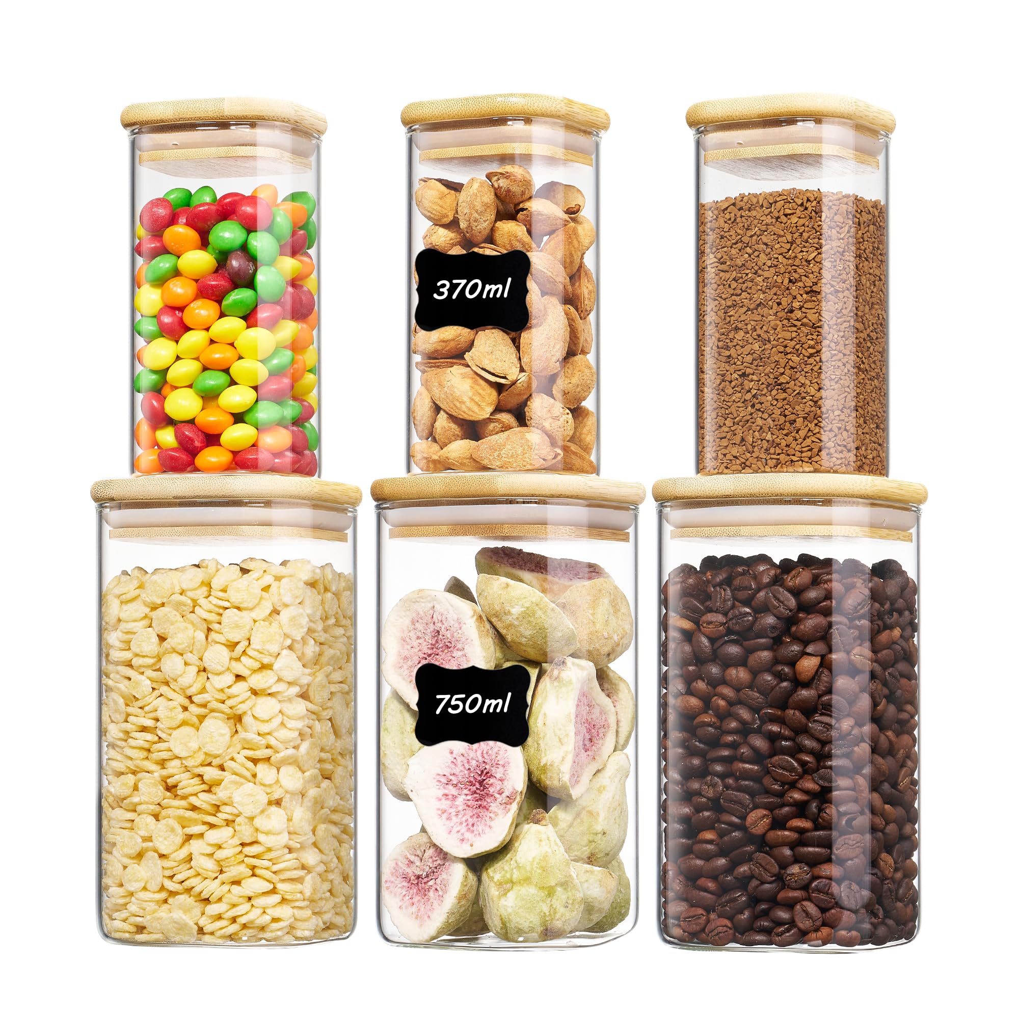Vtopmart 6er Set Vorratsgläser mit Deckel, 3 x 370 ml + 3 x 750 ml | Ideal zur übersichtlichen Aufbewahrung von Gewürzen, Nüssen, Müsli und anderen Lebensmitteln