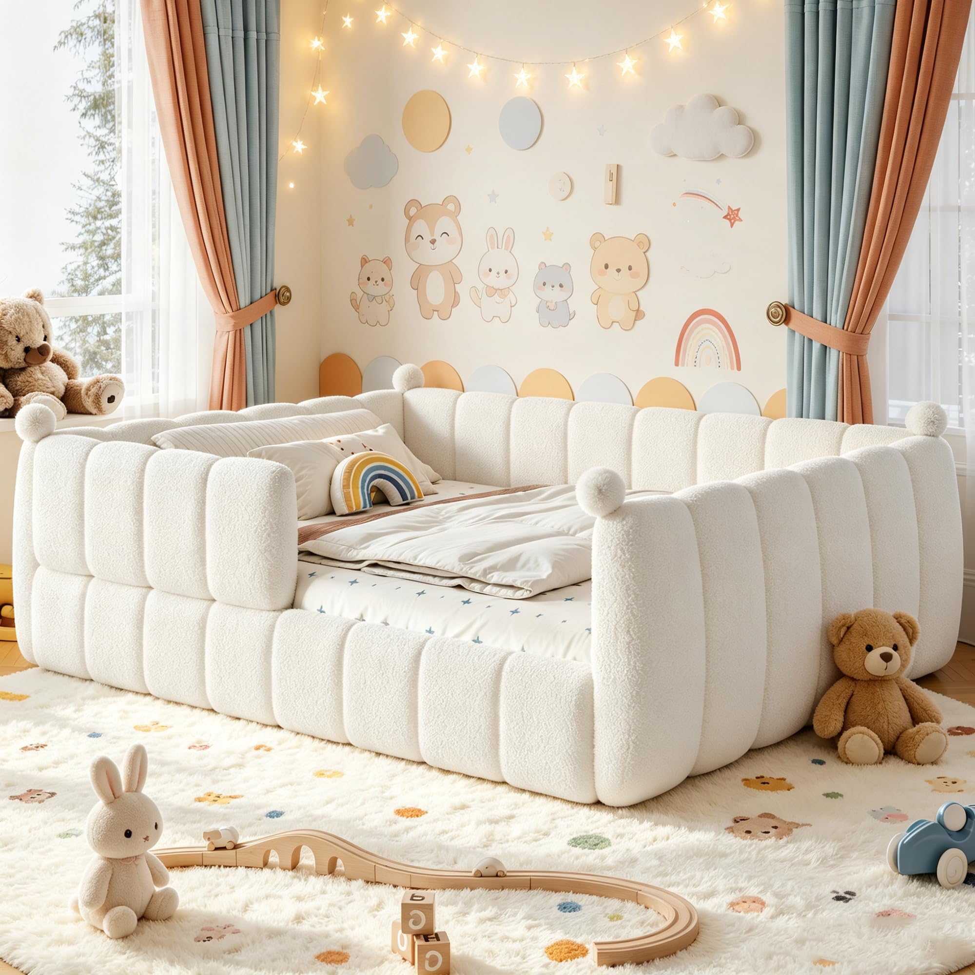 View 1 of [Partial Set] Bellemave Queen Size Teddy Fleece Upholstered Montessori Floor Bed with Fence,Low Profile Kids Bed Frame with Full Padded Safety Guardrails, No Box Spring Needed for Boys and Girls,Beige