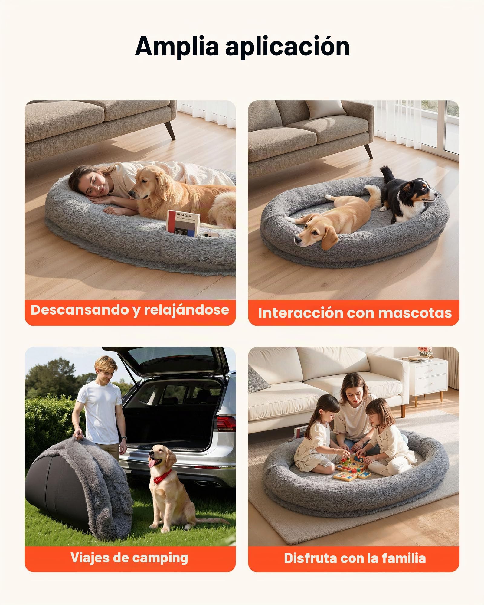 VEVOR Cama Acogedora para Perros, Diseño Ovalado, 174 x 118 x 24 cm, Espuma Viscoelástica, Tamaño Humano, con Bolsillo Lateral, Asa y Cremallera, Funda Extraíble y Lavable a Máquina, Gris Oscuro