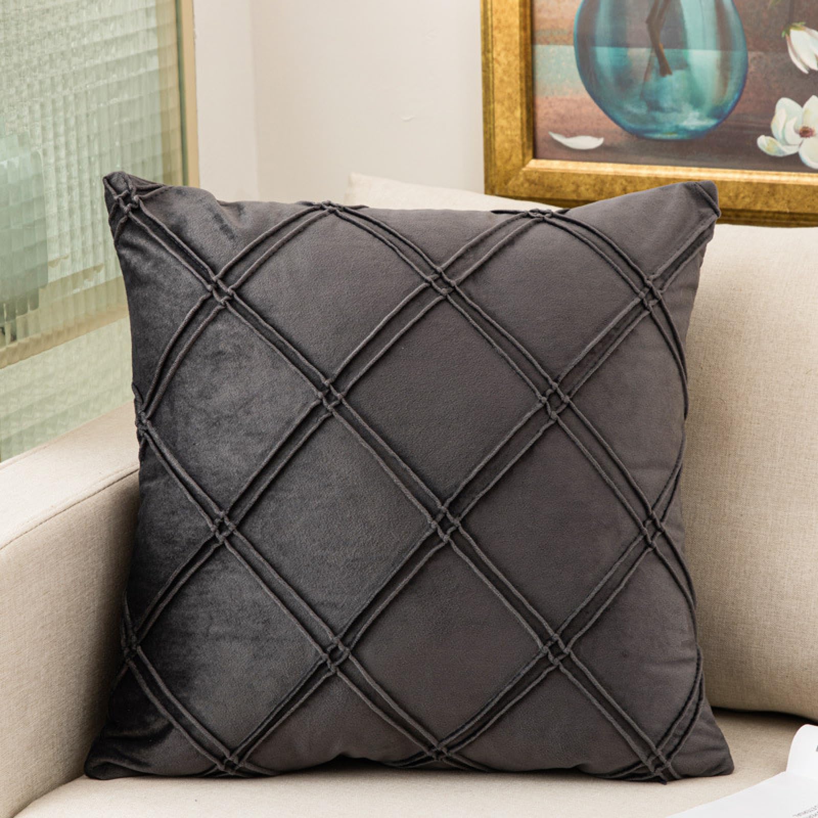 Kissenbezug Wäsche Dunkelgraues Gitter 60x60 CM Reißverschluss verstecken | Kissenbezüge Dekokissen Outdoor Kissenbezug Pillow Cover für Sofa Schlafzimmer Auto Kissenhülle Breathable Cushion Covers