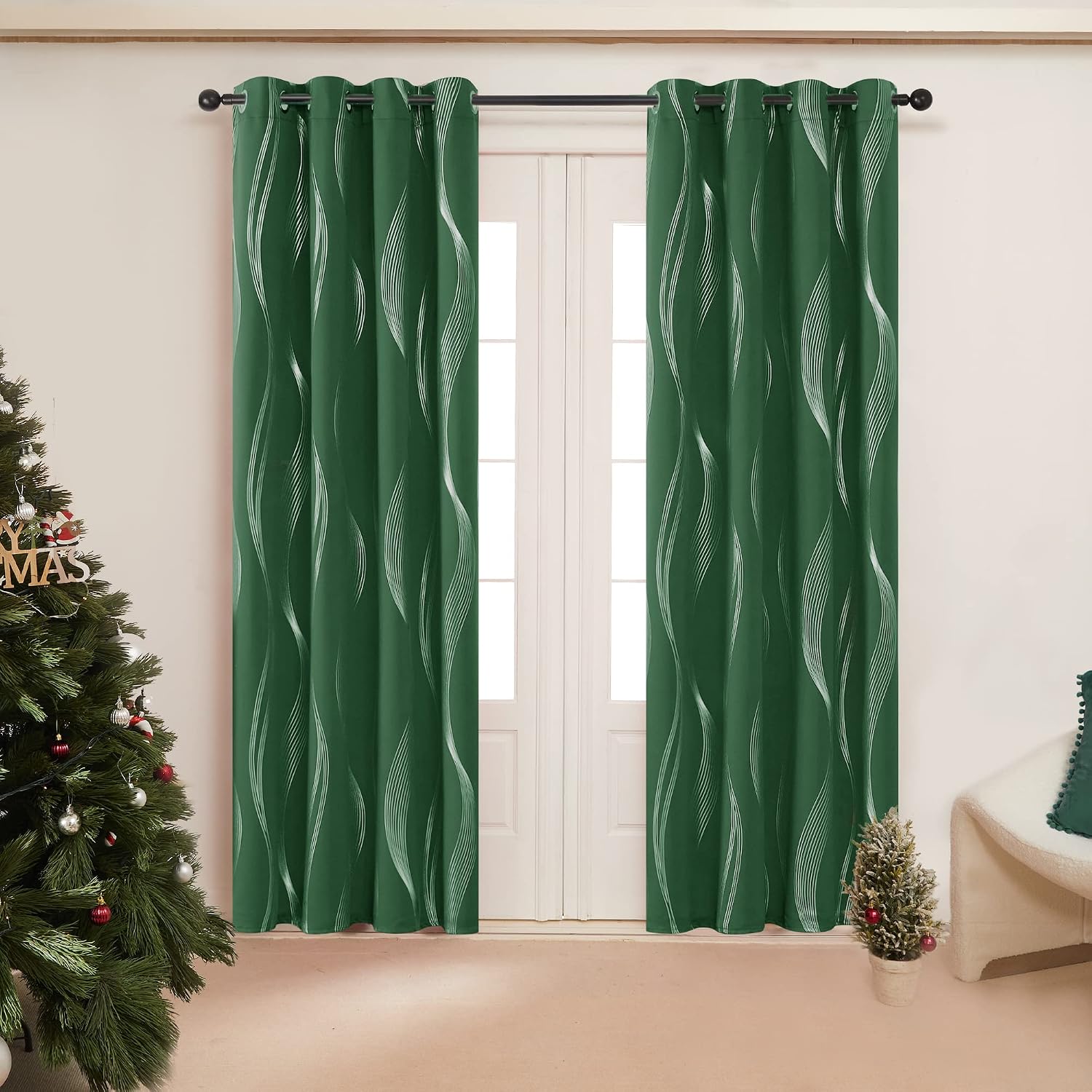 Deconovo Foil Print Wave Striped Blackout Curtains, Thermal Insulated Room Darkening Grommet Top Drapes for Living Room, 52x95 Inch, 2 Panels, Dark Forest
