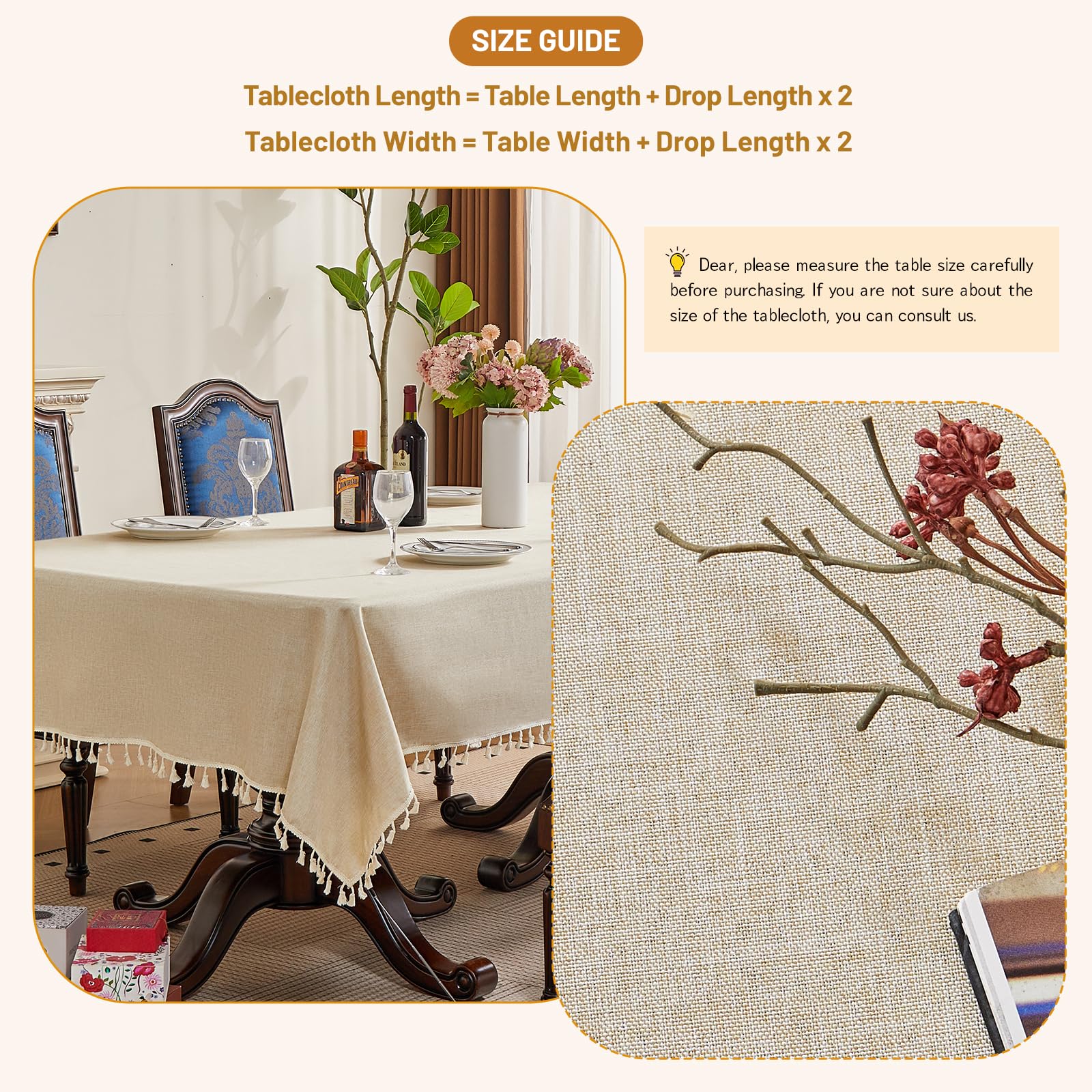 Nappe Beige, Rectangulaire 155 x 350 cm, à Pompons, n Lin Nappe, Unie et de Haute Qualité, pour Cuisines, Salles à Manger, Salons et Espaces Extérieurs.