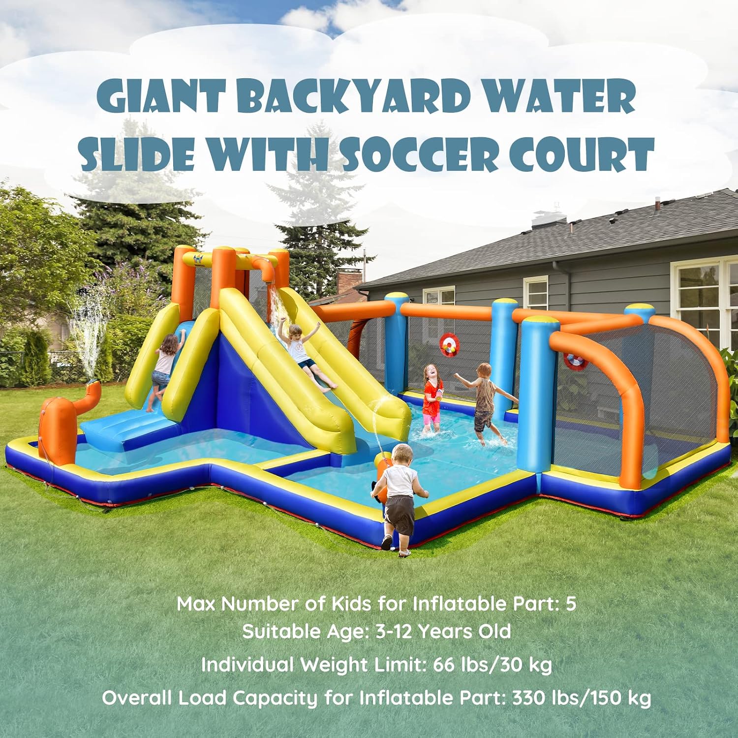 BOUNTECH Inflatable Water Slide, Kids Water Park Jump Castle Water Soccer with Dual Cannons, Splash Pool, Water Slides Inflatables for Kids Outdoor, Backyard Party Water Slide Bounce House with Blower