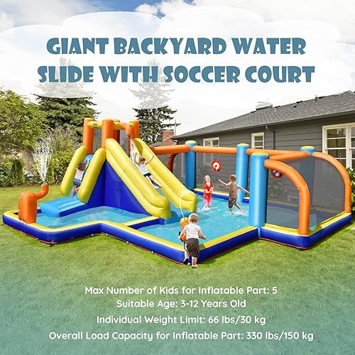 Miniatura 7 de BOUNTECH Tobogán acuático inflable, parque acuático para niños, castillo de salto de fútbol acuático con cañones dobles, piscina de salpicaduras,