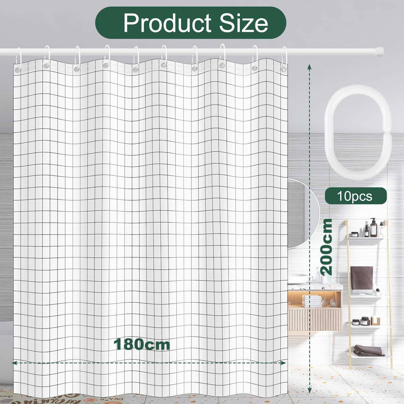 Image secondaire de KILDOWS Rideau De Douche Anti Moisissure, Imperméable Rideau de Douche Tissu Lavable, 180X200cm Shower Curtain de Salle de Bain