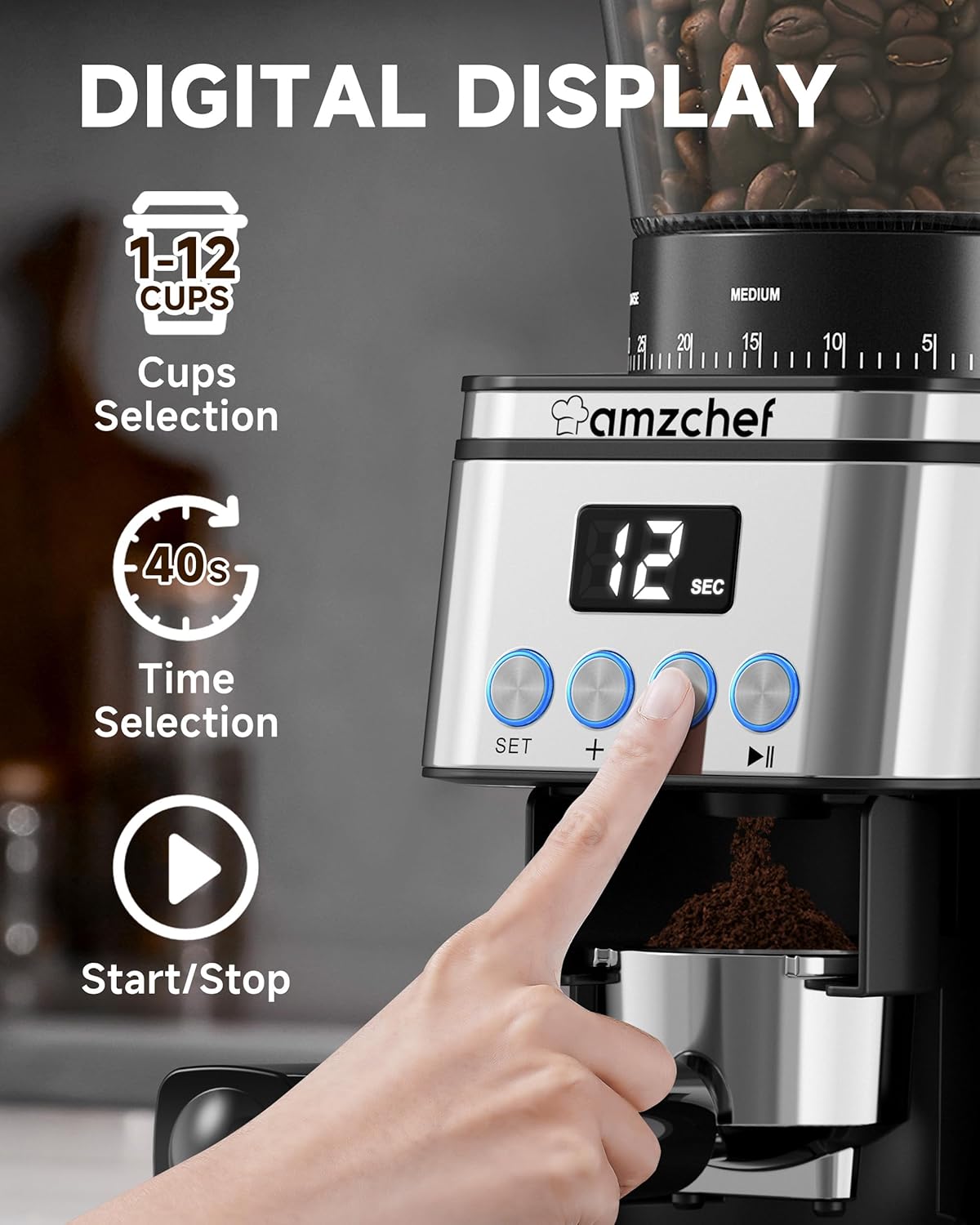Close-up of the AMZCHEF BG709S coffee grinder's digital display and control buttons.