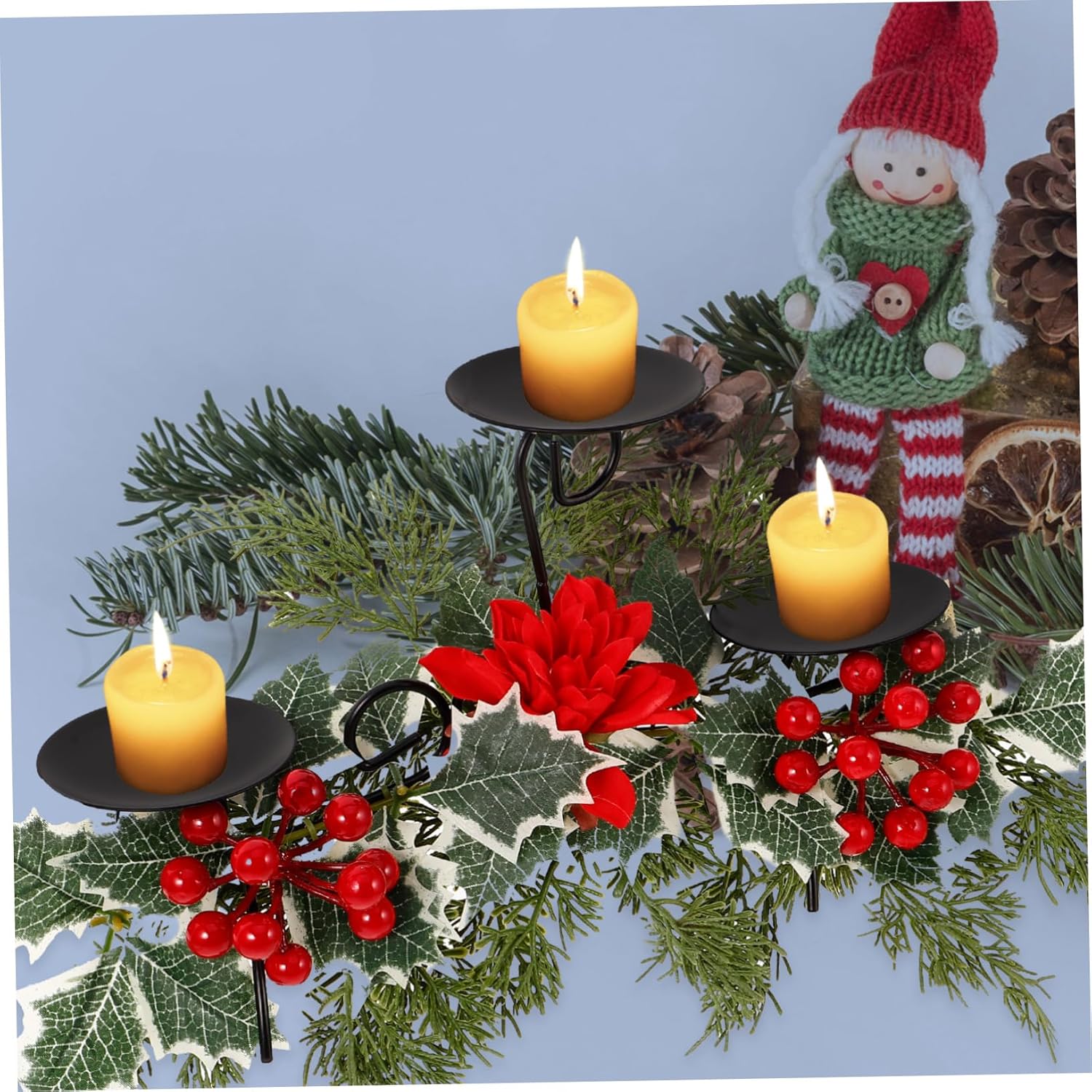 Homoyoyo Candle Stand for Home Decoration Iron Christmas Candle Holder with Poinsettia Vintage Style for Table Centerpiece