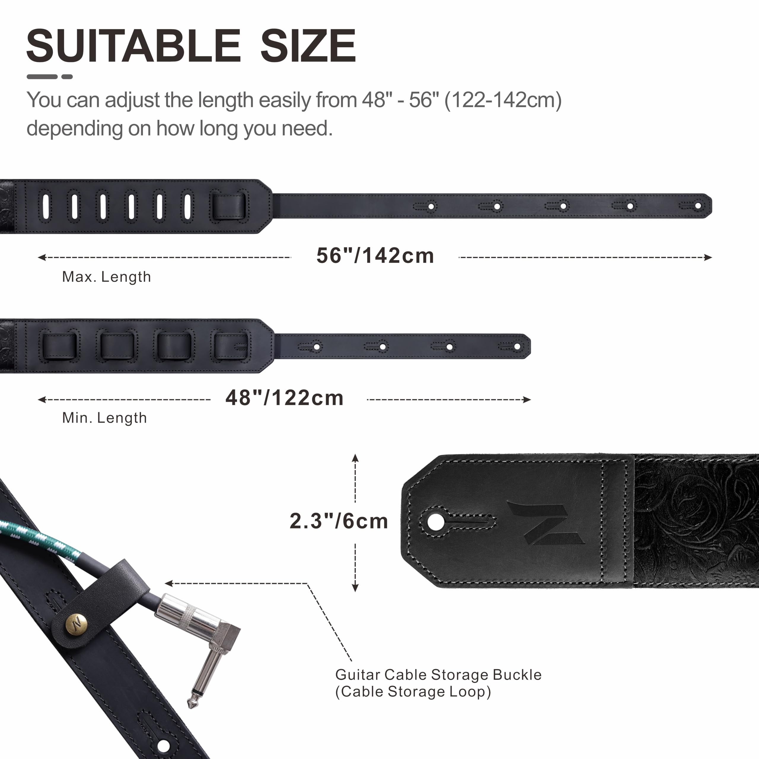 Nefelibata sangle de guitare, 2.3 » large pleine fleur sangle de guitare en cuir avec un rembourrage doux pour guitare basse, électrique et acoustique (Noir)