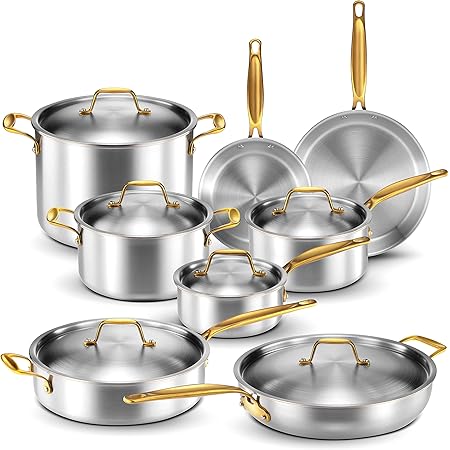 Legend Stainless Steel 5-Ply Copper Core | 14-Piece Cookware Set | Professional Home Chef Grade Clad Pots and Pans Sets | All Surface, Induction & Oven Safe | Premium Cooking Gifts for Men & Women