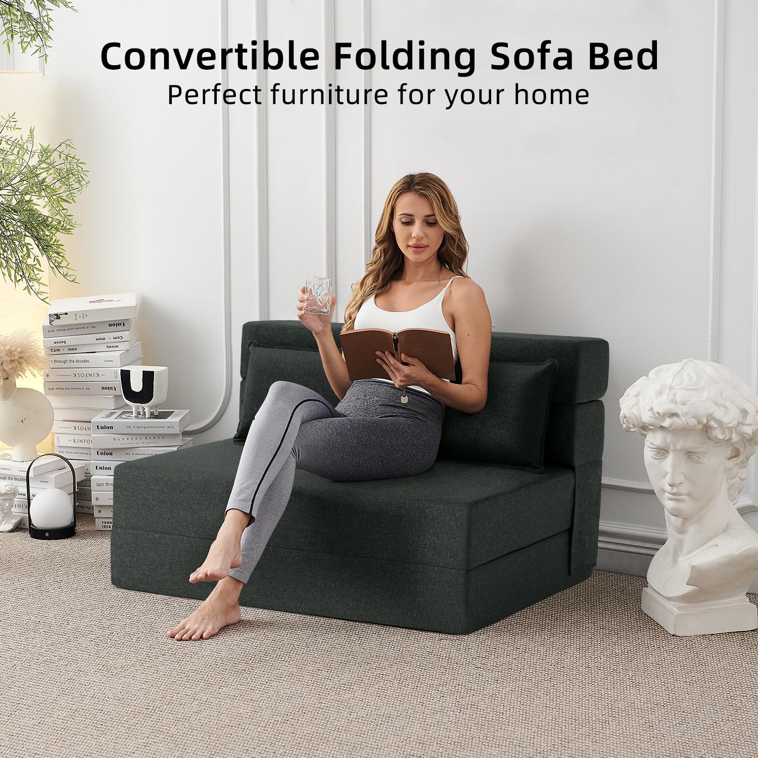 FILUXE Convertible Folding Sofa Bed - Sleeper Chair with Pillow, Modern Linen Fabric Floor & Futon Couch, Foldable Mattress for Living Room/Dorm/Guest Use/Home Office/Apartment, Full Size, Dark Gray