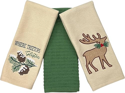 Vista 13 de Serafina Home Vacaciones de Navidad Toallas de Cocina: Dos (2) Let it Snow Tejido Plano y Una (1) Toalla de Cocina a Cuadros de Estilo Campestre