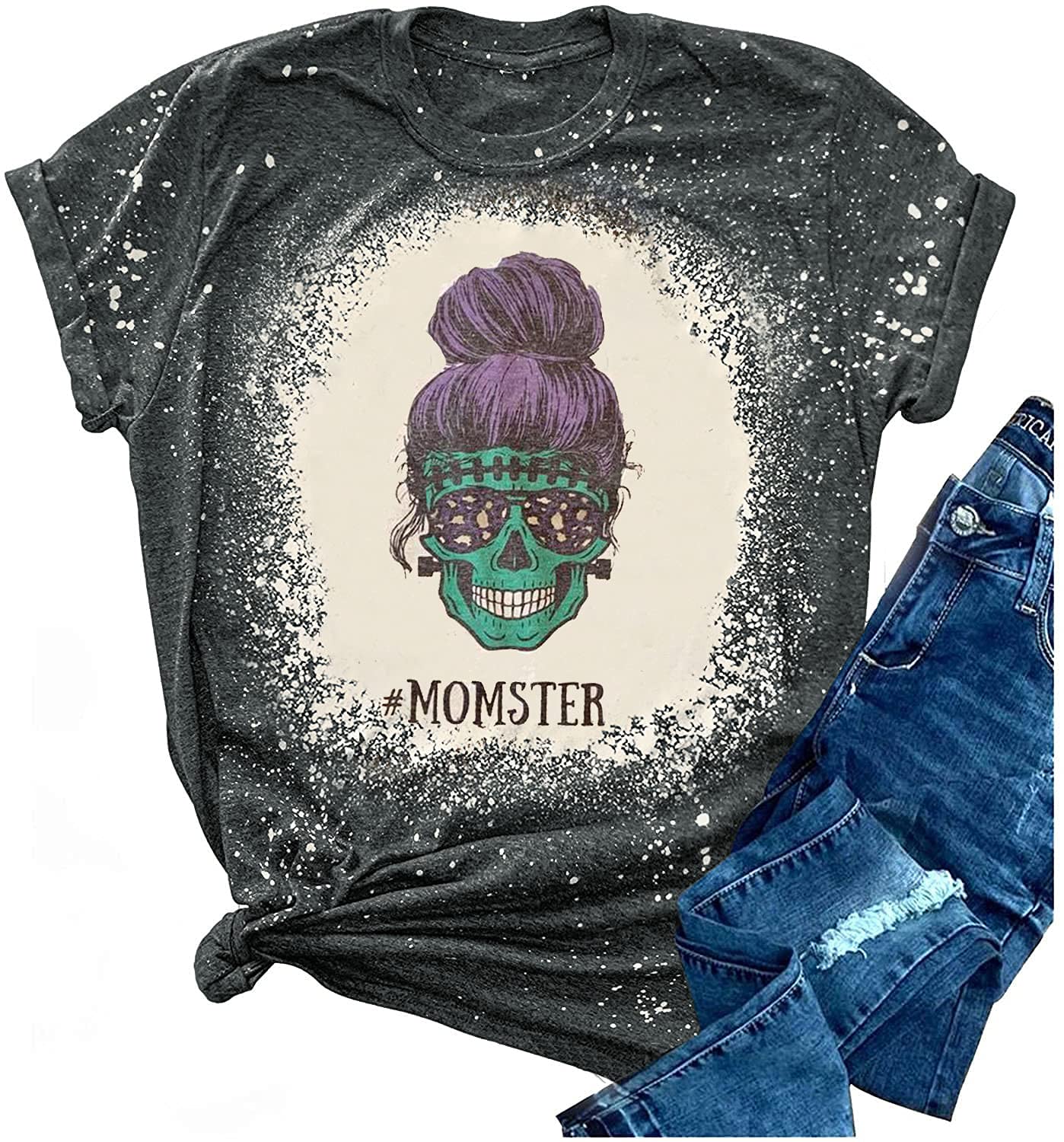 EXMIUNMomster Bleach Shirt for Women Funny Halloween Skull Mom Graphic T-Shirt Casual Letter Print Short Sleeve Tee Tops