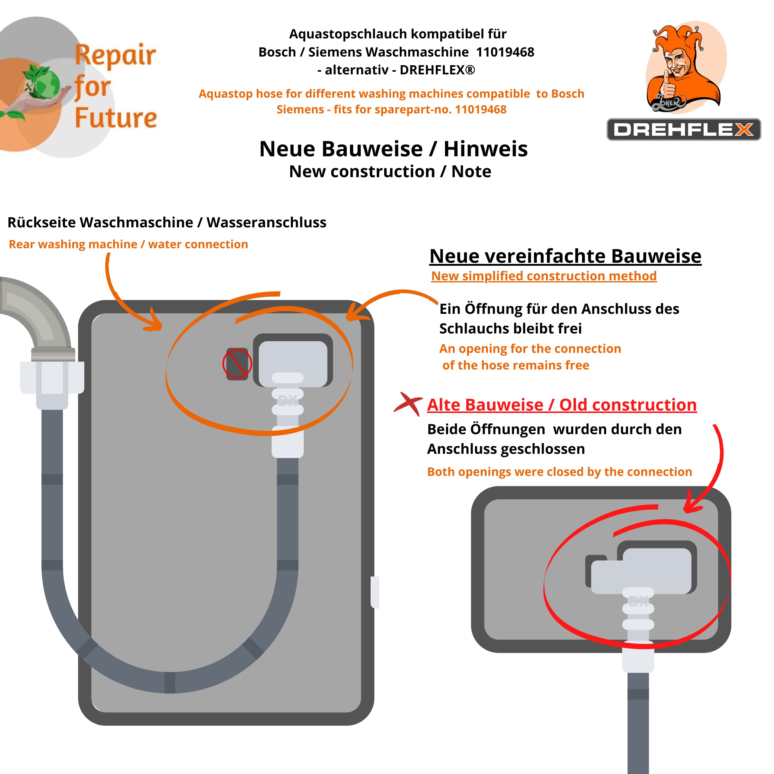 SCHLA223 - Aquastopschlauch/Wasserblock-Zulaufschlauch passend für diverse Waschmaschine von Bosch/Siemens/Neff etc. passend für Teile-Nr. 11019468 - Type 87 / Type87
