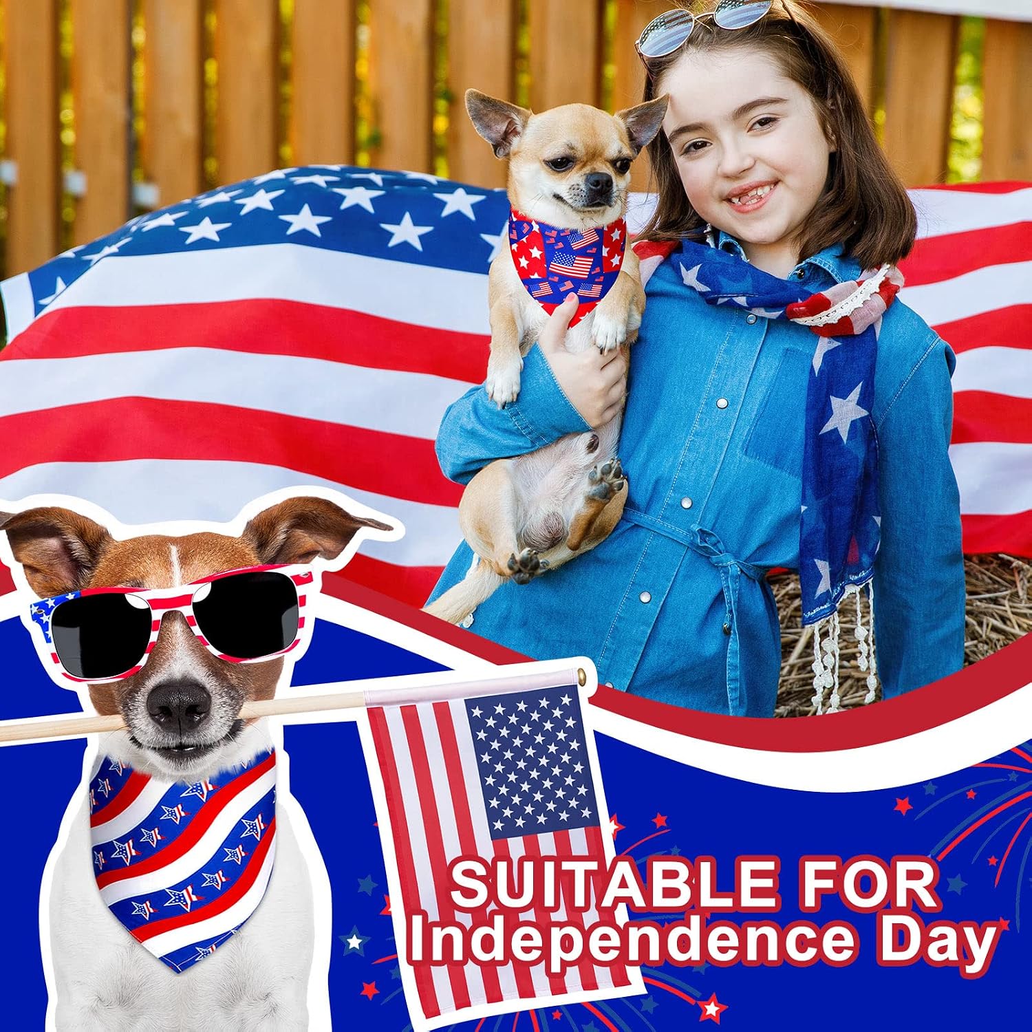 Sadnyy 40 Pcs 250th Anniversary Dog Bandana Bulk Patriotic American Flag Star Stripe Adjustable Bandana for Dogs 4th of July Puppy Kerchief National Independence Red White Blue USA Pet Scarf(L)