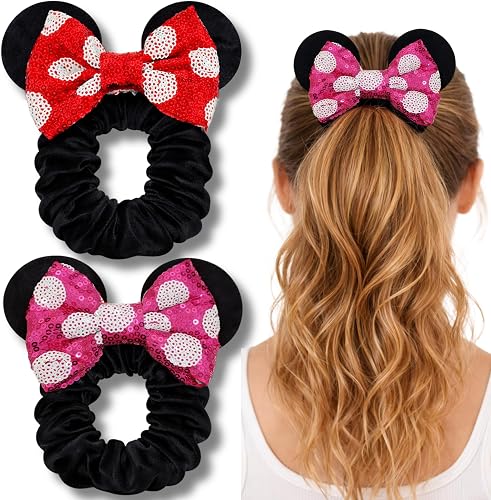 Styla Hair 2-Pack Velvet Mouse Ear Scrunchies, Red Pink