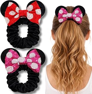 Styla Hair 2-Pack Velvet Mouse Ear Scrunchies, Red Pink | Hair Bow, for Women with Sparkle Sequins, Mouse Ears for Pony Tail
