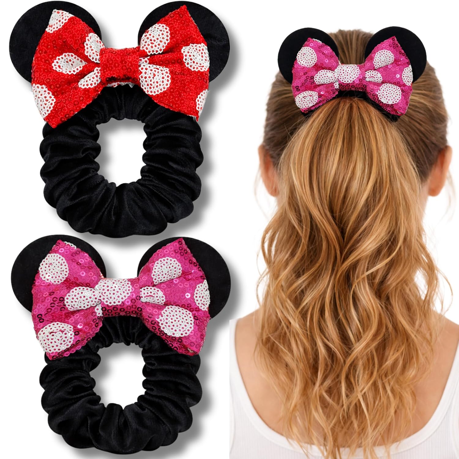 2 Pack Mouse Ear Scrunchies – Velvet Bow Hair Scrunchies with Sequin Ears – Cute Ponytail Holder Hair Accessories for Women by Styla Hair (Red Black)