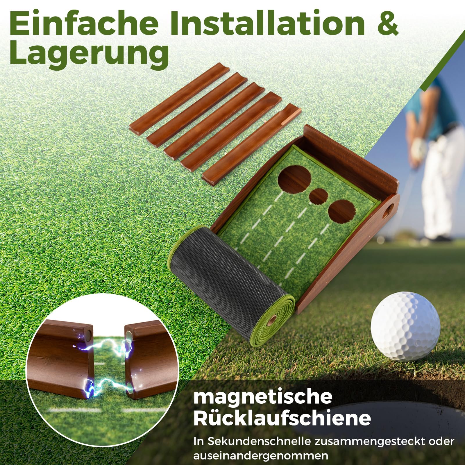 COSTWAY Golf Puttingmatte, Golfmatte mit 1/2/3 Löchern, Auto Rückkehr Übungsmatte mit 3 Golfbällen & Kunstrasen, Putting Trainer Indoor Outdoor für Anfänger, Profis (3 Löcher)