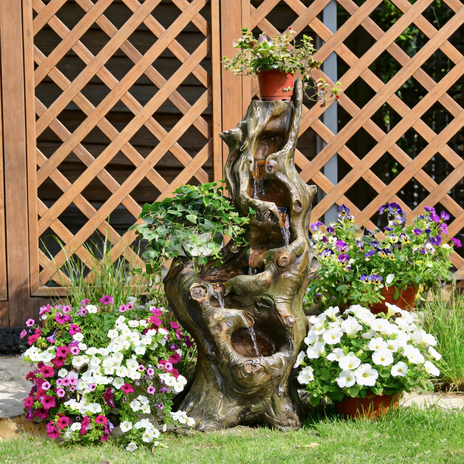 Bumilgar Caractéristiques d'eau de jardin 5 niveaux Grande cascade réaliste Tronc d'arbre naturel Fontaine extérieure en résine Imitation bois avec lumières LED pour jardin, patio, terrasse 101 CM