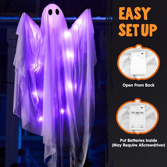 JOYIN 2 Pcs 47 Halloween Hanging Light up Ghost Decorations Outdoor, Halloween White Hanging Ghosts with Purple LED Lights for Haunted House Prop, Party Supplies, Front Yard Patio Garden Decor