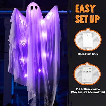 JOYIN 2 Pcs 47 Halloween Hanging Light up Ghost Decorations Outdoor, Halloween White Hanging Ghosts with Purple LED Lights for Haunted House Prop, Party Supplies, Front Yard Patio Garden Decor