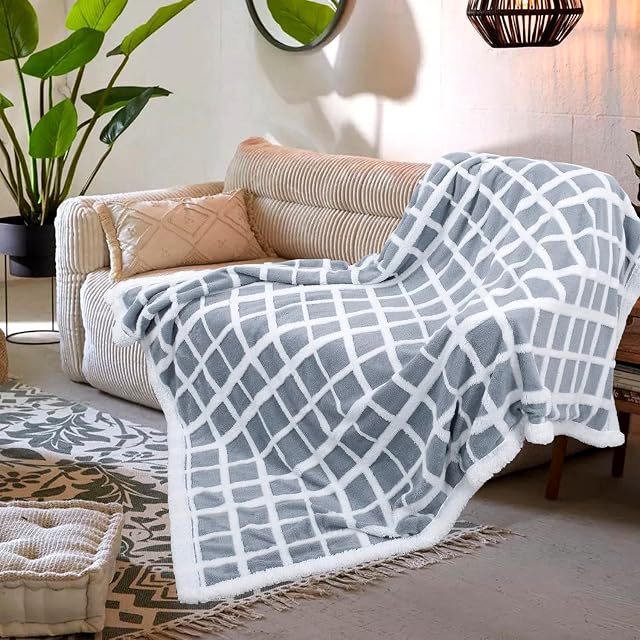 Grey Fleece Blanket Sherpa Winter Throw Sofa Fluffy Checkered Extra Thick Warm Men Plaid Textured 130×150CM Large Plush Fuzzy Double White Blanket Super Soft Couch
